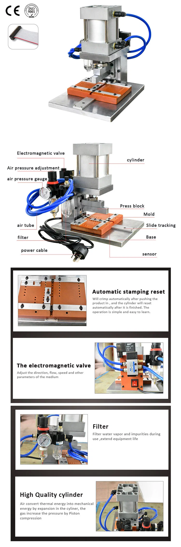 Máquina prensadora de conector de cable plano Idc 4-64P, máquina de estampado automática de prensa neumática de alambre FFC, máquina prensadora semiautomática de conector Fe-macho de cable plano de 4-60 pines para máquina de engarzado de cable plano Idc
