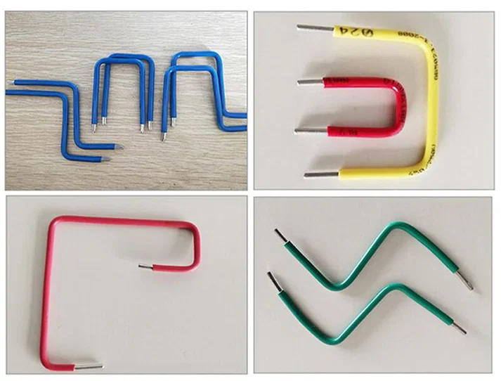 Sample display of Wire Cutting Stripping Bending Machine, Strip Wire Bending Machine, Cabel Stripping Bending Machine Exhibición de muestra de la máquina dobladora de corte de alambre, máquina dobladora de alambre de tira, máquina dobladora de pelado de cable