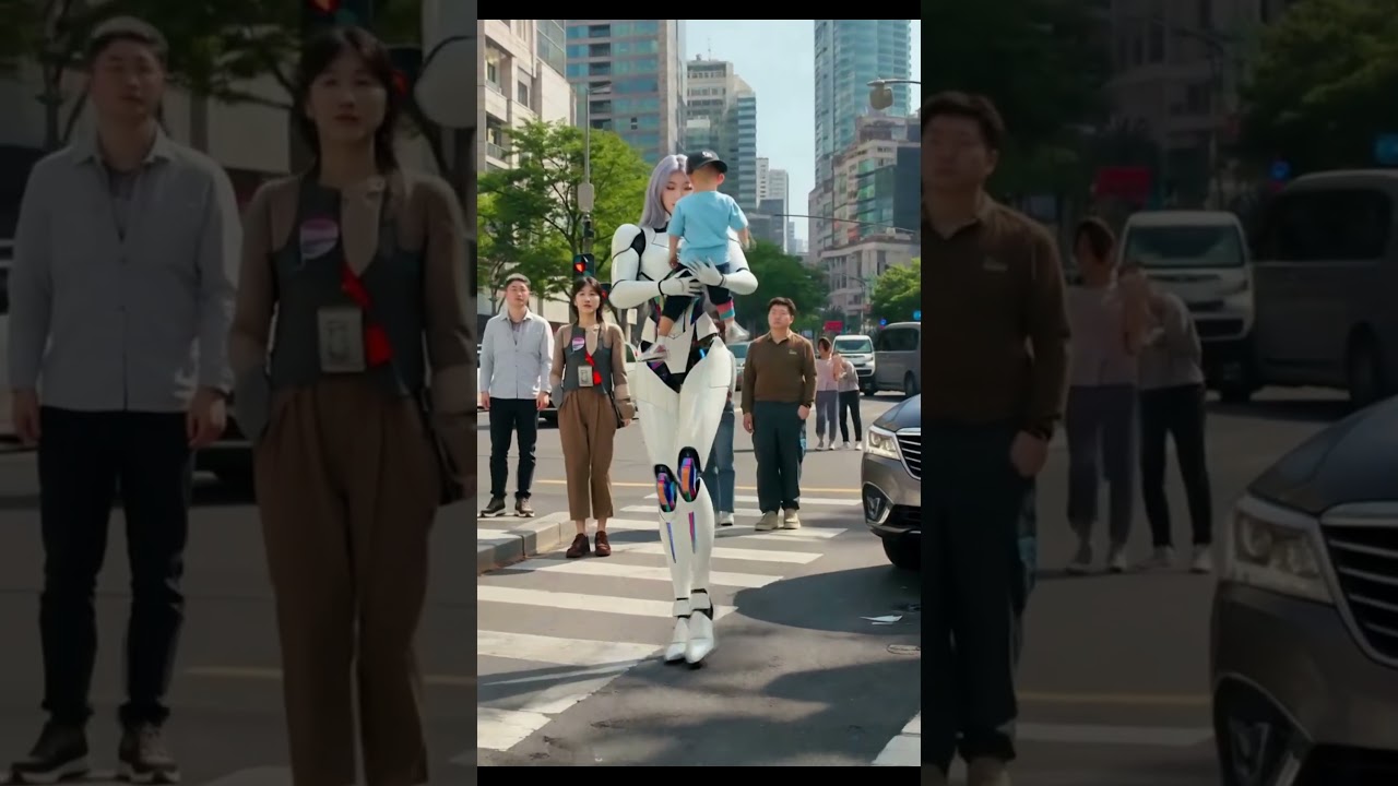 Robot de IA futurista salva a un niño de un accidente automovilístico #IA #Robot #CienciaFicción #TecnologíaFutura #VideoIA #Héroe